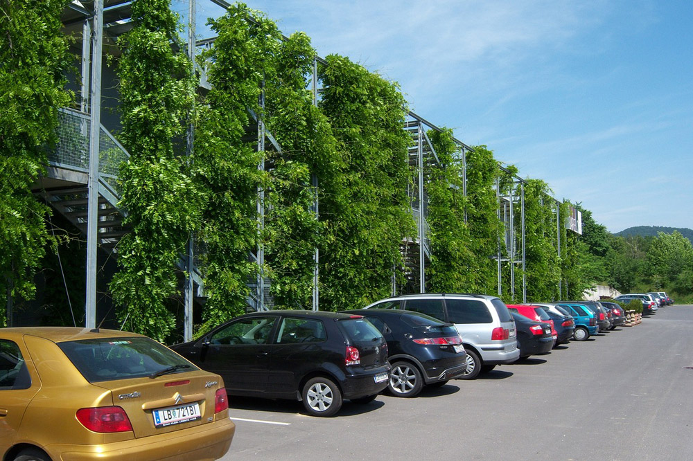 A landscaped car park with greenery.