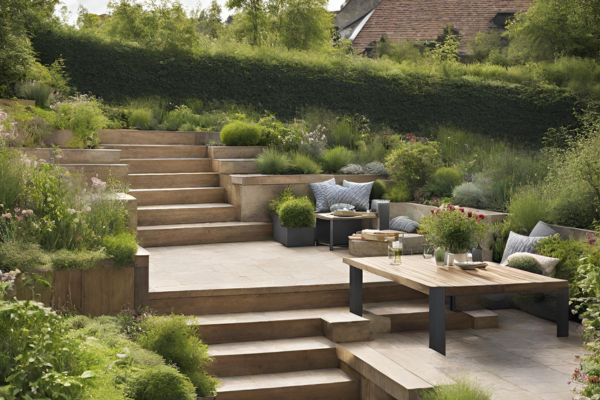 Elegant garden terrace set into a garden slope, including a table and seating area.