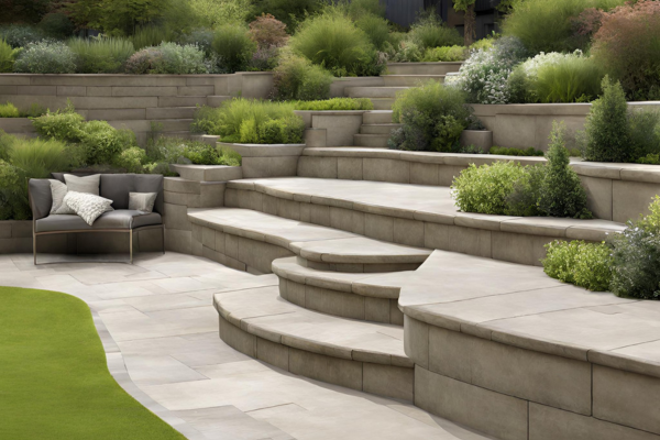 A modern garden with stone seating levels, steps, and plant pots, complete with an outdoor sofa.