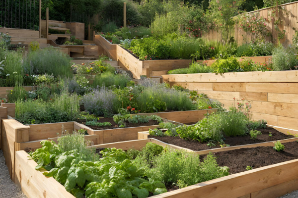 Sloped garden with raised beds filled with edible plants and flowers.
